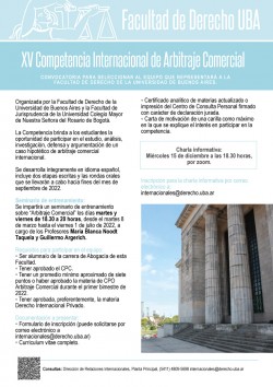 Convocatoria para seleccionar al equipo que representará a la Facultad de Derecho de la Universidad de Buenos Aires. XV Competencia Internacional de Arbitraje Comercial