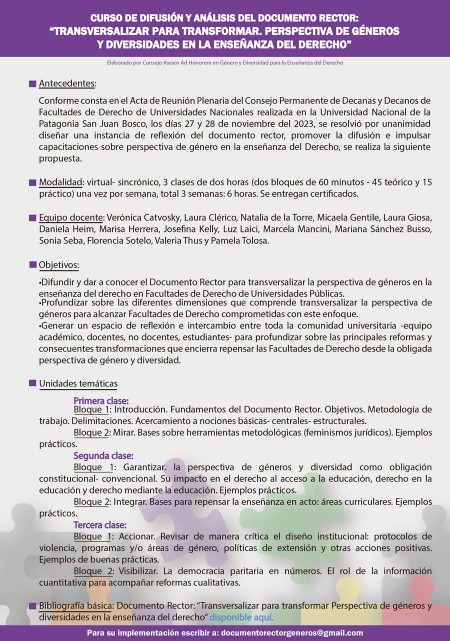 Curso de difusin y anlisis del documento rector: "Transversalizar para transformar. Perspectiva de gneros y diversidades en la enseanza del derecho"