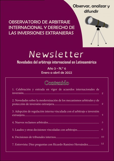 Sexto boletín informativo del Observatorio de Arbitraje Internacional y Derecho de las Inversiones Extranjeras