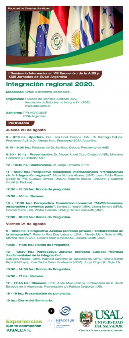 VIII Encuentro de la Asociación de Estudios de Integración (AdEI). XXIII Jornadas de ECSA Argentina: Integración Regional 2020 