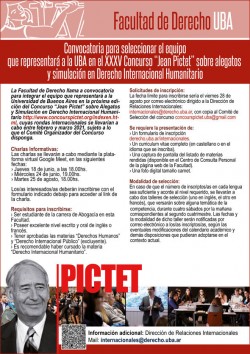Convocatoria para seleccionar el equipo que representará a la UBA en el XXXV Concurso "Jean Pictet" sobre Alegatos y Simulación en Derecho Internacional Humanitario