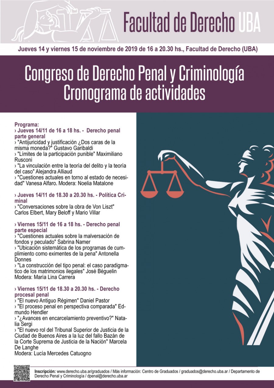 Congreso de Derecho Penal y Criminología. Cronograma de actividades |  Facultad de Derecho - Universidad de Buenos Aires